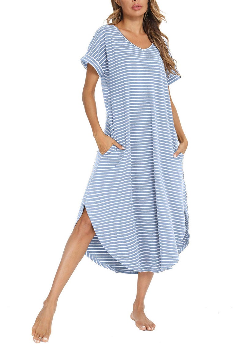 AVIIER Nightgowns for Women Cotton V Neck Sleepwear Short Sleeve Loungewear (Blue While, Small) - Image 1